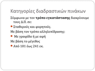 Κατηγορίες διαδραστικών πινάκων
Σύμφωνα με τον τρόπο εγκατάστασης διακρίνουμε
τους Δ.Π. σε:
Σταθερούς και φορητούς.
Με βάση τον τρόπο αλληλεπίδρασης:
 Με γραφίδα ή με αφή
Με βάση το μέγεθος
Από 101 έως 241 εκ.

 