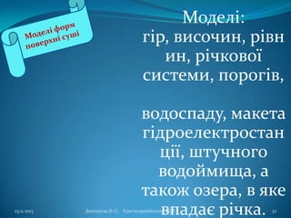 Моделі:
гір, височин, рівн
ин, річкової
системи, порогів,

23.11.2013

водоспаду, макета
гідроелектростан
ції, штучного
водоймища, а
також озера, в яке
впадає річка.

Дмитрієва В.О., Красноармійський НВК

32

 