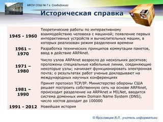 LOGO

МКОУ СОШ № 7 г. Слободского

1945 - 1960

Теоретические работы по интерактивному
взаимодействию человека с машиной; появление первых
интерактивных устройств и вычислительных машин, в
которых реализован режим разделения времени

1961 –
1970

Разработка технических принципов коммутации пакетов,
ввод в действие ARPAnet.

1971 –
1980

Число узлов ARPAnet возросло до нескольких десятков;
проложены специальные кабельные линии, соединяющие
некоторые узлы; начинает функционировать электронная
почта; о результатах работ ученые докладывают на
международных научных конференциях

1981 –
1990

Принят протокол TCP/IP. Министерство обороны США
решает построить собственную сеть на основе ARPAnet,
происходит разделение на ARPAnet и MILNet, вводится
система доменных имен Domain Name System (DNS),
число хостов доходит до 100000

1991 - 2012 Новейшая история
© Ярославцев В.Л., учитель информатики

 