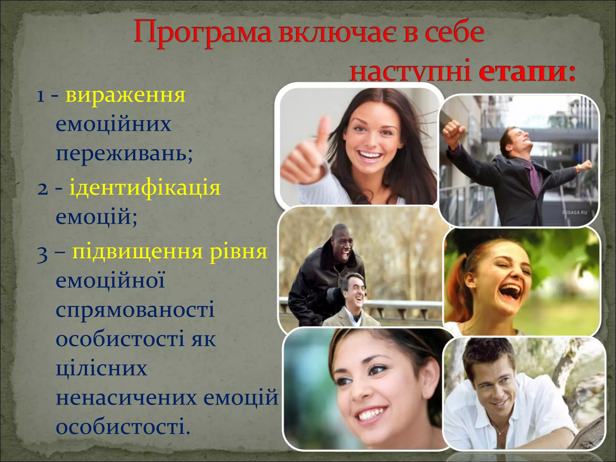 1 - вираження
емоційних
переживань;
2 - ідентифікація
емоцій;
3 – підвищення рівня
емоційної
спрямованості
особистості як
цілісних
ненасичених емоцій
особистості.

 
