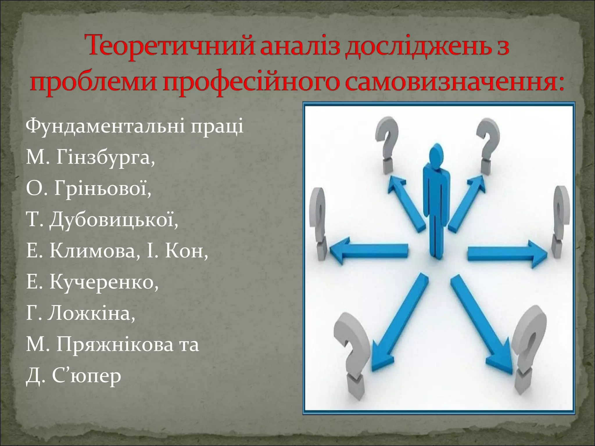 Фундаментальні праці 
М. Гінзбурга, 
О. Гріньової, 
Т. Дубовицької, 
Е. Климова, І. Кон, 
Е. Кучеренко, 
Г. Ложкіна, 
М. Пряжнікова та 
Д. С’юпер

 