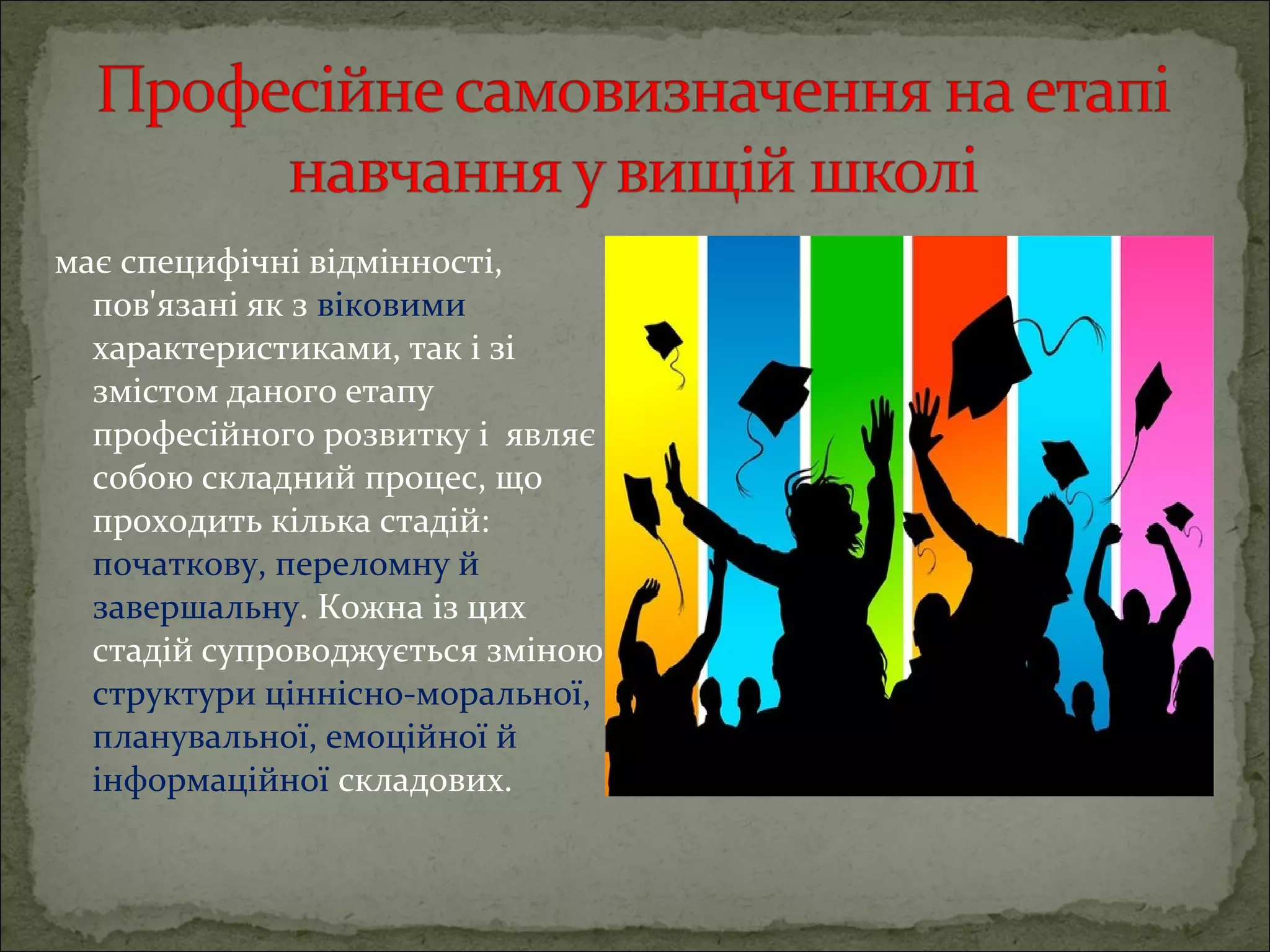 має специфічні відмінності,
пов'язані як з віковими
характеристиками, так і зі
змістом даного етапу
професійного розвитку і являє
собою складний процес, що
проходить кілька стадій:
початкову, переломну й
завершальну. Кожна із цих
стадій супроводжується зміною
структури ціннісно-моральної,
планувальної, емоційної й
інформаційної складових.

 