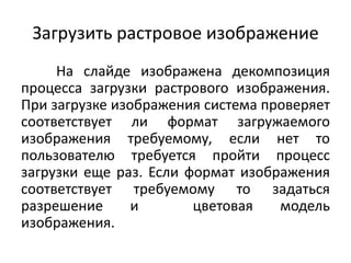 Загрузить растровое изображение
На слайде изображена декомпозиция
процесса загрузки растрового изображения.
При загрузке изображения система проверяет
соответствует ли формат загружаемого
изображения требуемому, если нет то
пользователю требуется пройти процесс
загрузки еще раз. Если формат изображения
соответствует требуемому то задаться
разрешение
и
цветовая
модель
изображения.

 