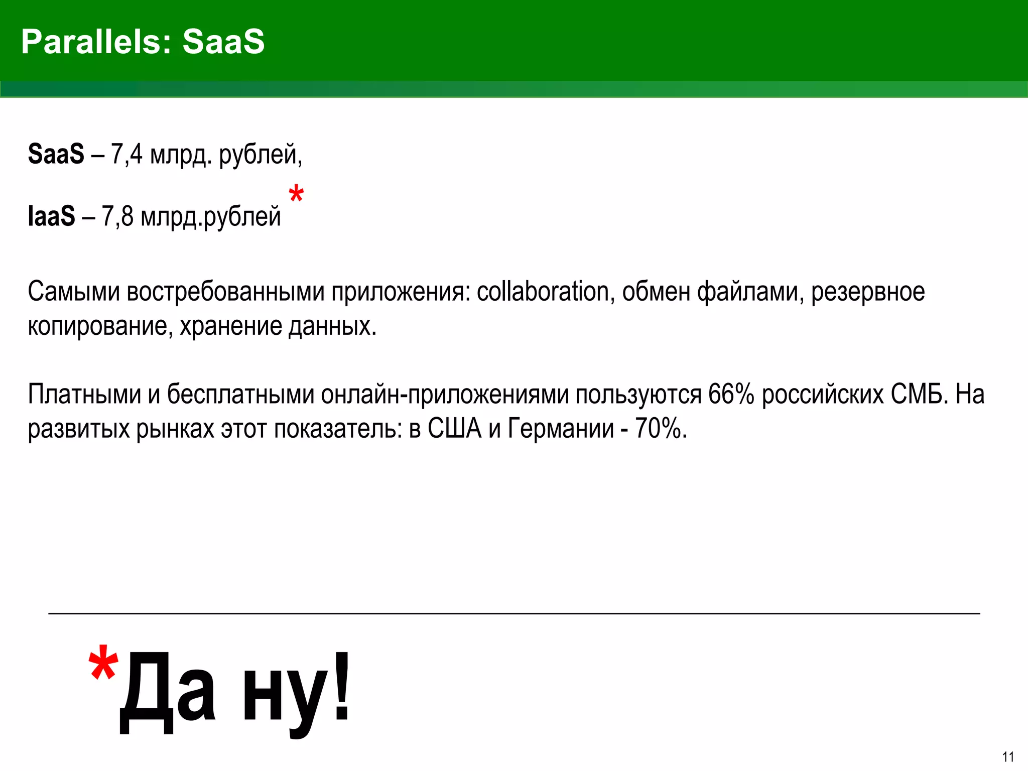 Parallels: SaaS
SaaS – 7,4 млрд. рублей,
IaaS – 7,8 млрд.рублей

*

Самыми востребованными приложения: collaboration, обмен файлами, резервное
копирование, хранение данных.
Платными и бесплатными онлайн-приложениями пользуются 66% российских СМБ. На
развитых рынках этот показатель: в США и Германии - 70%.

*Да ну!
11

 