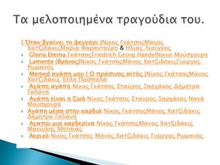 ( Όσαν βγαίνει σο υεγγάπι )Νίκορ ΓκάσςορΜάνορ
ΦασζιδάκιρΜαπία Υαπανσούπη & Ηλίαρ Λιούγκορ
 Gloria Eterna ΓκάσςορFriedrich Georg HändelΝανά Μούςφοτπη
 Lamento (θπήνορ)Νίκορ ΓκάσςορΜάνορ ΦασζιδάκιρΓιώπγορ
Ρψμανόρ
 Memed αγάπη μοτ ( Ο ππάςινορ αωσόρ )Νίκορ ΓκάσςορΜάνορ
Φασζιδάκιρ Έλλη Παςπαλά
 Αγάπη αγάπη Νίκορ Γκάσςορ ΢σαύπορ Ξαπφάκορ Δήμησπα
Γαλάνη
 Αγάπη είναι η ζψή Νίκορ Γκάσςορ ΢σαύπορ Ξαπφάκορ Νανά
Μούςφοτπη
 Αγάπη μέςα ςσην καπδιά Νίκορ ΓκάσςορΜάνορ Φασζιδάκιρ
Δήμησπα Γαλάνη
 Αγαπώ μια καπδεπίνα Νίκορ ΓκάσςορΜάνορ Φασζιδάκιρ
Μανώληρ Μησςιάρ
 Αεπικό Νίκορ Γκάσςορ Μάνορ Φασζιδάκιρ Γιώπγορ Ρψμανόρ

 