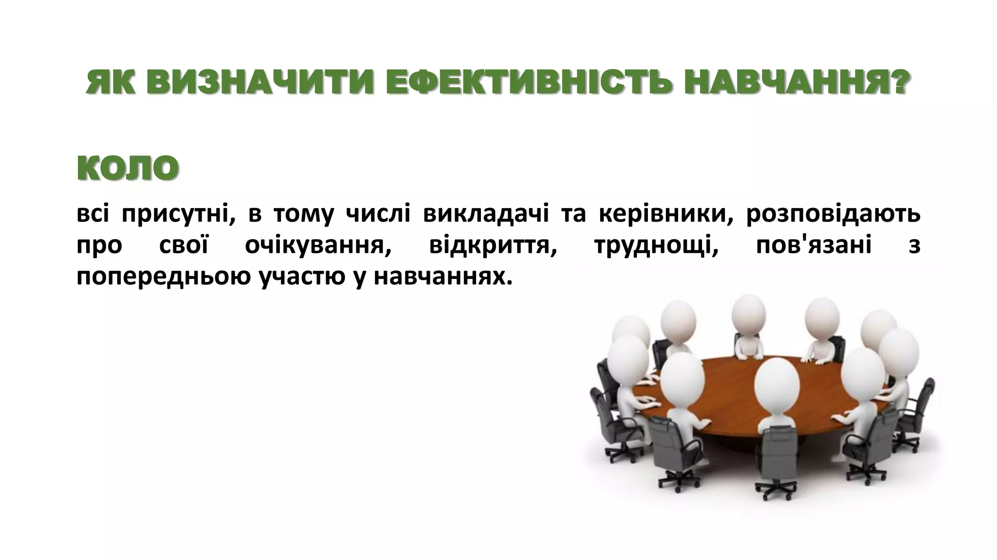 ЯК ВИЗНАЧИТИ ЕФЕКТИВНІСТЬ НАВЧАННЯ?
КОЛО
всі присутні, в тому числі викладачі та керівники, розповідають
про свої очікування, відкриття, труднощі, пов'язані з
попередньою участю у навчаннях.

 