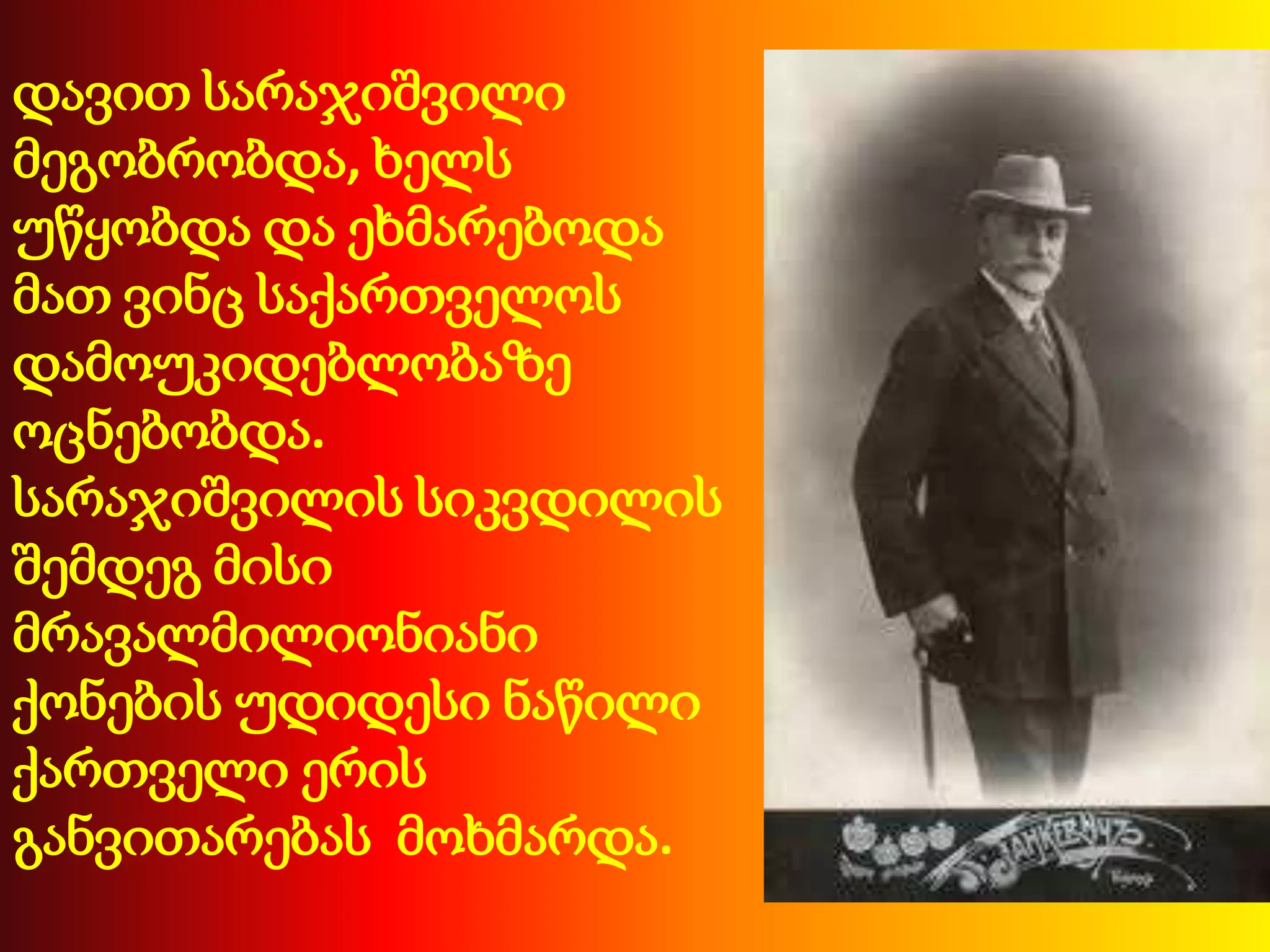 დავით სარაჯიშვილი
მეგობრობდა, ხელს
უწყობდა და ეხმარებოდა
მათ ვინც საქართველოს
დამოუკიდებლობაზე
ოცნებობდა.
სარაჯიშვილის სიკვდილის
შემდეგ მისი
მრავალმილიონიანი
ქონების უდიდესი ნაწილი
ქართველი ერის
განვითარებას მოხმარდა.

 