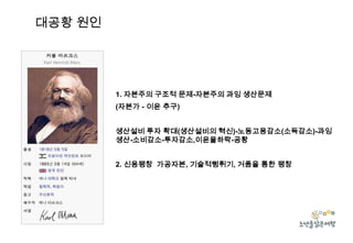 대공황 원인

1. 자본주의 구조적 문제-자본주의 과잉 생산문제
(자본가 - 이윤 추구)
생산설비 투자 확대(생산설비의 혁신)-노동고용감소(소득감소)-과잉
생산-소비감소-투자감소,이윤율하락-공황
2. 신용팽창 가공자본, 기술적뻥튀기, 거품을 통한 팽창

 