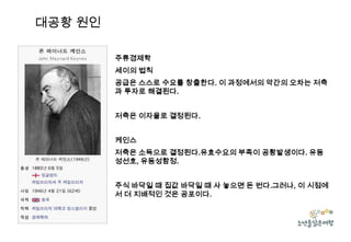 대공황 원인
주류경제학
세이의 법칙
공급은 스스로 수요를 창출한다. 이 과정에서의 악간의 오차는 저축
과 투자로 해결된다.
저축은 이자율로 결정된다.
케인스
저축은 소득으로 결정된다.유효수요의 부족이 공황발생이다. 유동
성선호, 유동성함정.
주식 바닥일 때 집값 바닥일 때 사 놓으면 돈 번다.그러나, 이 시점에
서 더 지배적인 것은 공포이다.

 