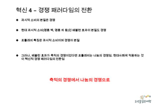 혁신 4 – 경쟁 패러다임의 전환
 과시적 소비의 본질은 경쟁
 현대 과시적 소비(명품 백, 명품 차 등)인 배블런 효과이 본질도 경쟁
 포틀래치 특징은 과시적 소비이며 경쟁이 본질

 그러나, 베블런 효과가 축적의 경쟁이었다면 포틀래치는 나눔의 경쟁임. 현대사회에 적용하는 것
이 혁신적 경쟁 패러다임의 전환임

축적의 경쟁에서 나눔의 경쟁으로

 