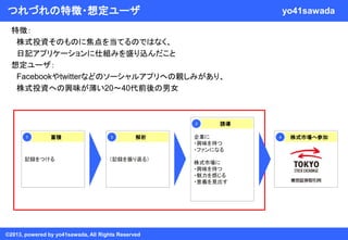 つれづれの特徴・想定ユーザ

yo41sawada

特徴：
株式投資そのものに焦点を当てるのではなく、
日記アプリケーションに仕組みを盛り込んだこと
想定ユーザ：
Facebookやtwitterなどのソーシャルアプリへの親しみがあり、
株式投資への興味が薄い20～40代前後の男女

3
１

蓄積

記録をつける

2

解析

（記録を振り返る）

©2013, powered by yo41sawada, All Rights Reserved

誘導

企業に
・興味を持つ
・ファンになる
株式市場に
・興味を持つ
・魅力を感じる
・意義を見出す

4

株式市場へ参加

 