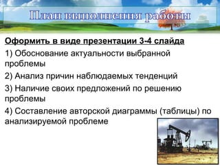 Оформить в виде презентации 3-4 слайда
1) Обоснование актуальности выбранной
проблемы
2) Анализ причин наблюдаемых тенденций
3) Наличие своих предложений по решению
проблемы
4) Составление авторской диаграммы (таблицы) по
анализируемой проблеме

 