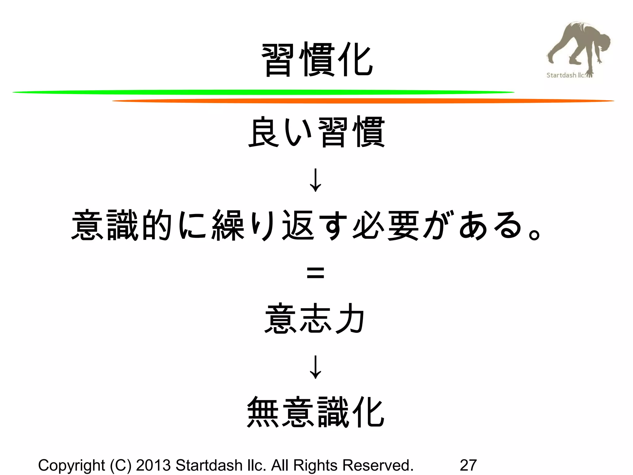 習慣化
良い習慣
↓
意識的に繰り返す必要がある。
＝
意志力
↓
無意識化
Copyright (C) 2013 Startdash llc. All Rights Reserved.

27

 