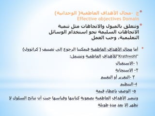 ‫* ج -مجال األهداف العاطفية( الوجدانية)‬
‫‪Effective objectives Domain‬‬
‫* وتتعلق بالميول واالتجاهات مثل تنمية‬
‫االتجاهات السليمة نحو استخدام الوسائل‬
‫التعليمية، وحب العمل‬

‫*‬

 