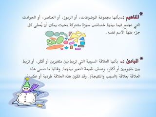 ‫بأنها جمموعة املوضوعات, أو الرموز, أو العناصر, أو احلوادث‬
‫اليت جتمع فيما بينها خصائص مميزة مشرتكة حبيث ميكن أن ُعطى كل‬
‫ي‬
‫جزء منها االسم نفسه.‬

‫بأنها العالقة السببية اليت تربط بني متغريين أو أكثر, أو تربط‬
‫بني مفهومني أو أكثر, وتصف طبيعة التغري بينهما. وغالبا ما تسمى هذه‬
‫العالقة بعالقة (السبب والنتيجة). وقد تكون هذه العالقة طردية أو عكسية.‬

 