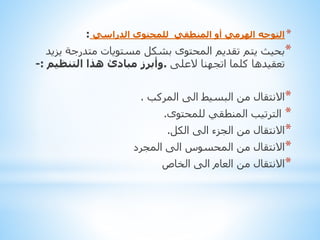 ‫* التوجه الهرمي أو المنطقي للمحتوى الدراسي :‬

‫*بحيث يتم تقديم المحتوى بشكل مستويات متدرجة يزيد‬
‫تعقيدها كلما اتجهنا العلى .وأبرز مبادئ هذا التنظيم :-‬
‫*االنتقال من البسيط الى المركب .‬

‫*‬
‫*االنتقال من الجزء الى الكل.‬
‫*االنتقال من المحسوس الى المجرد‬
‫*االنتقال من العام الى الخاص‬
‫الترتيب المنطقي للمحتوى.‬

 