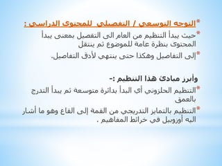 ‫*التوجه التوسعي / التفصيلي للمحتوى الدراسي :‬

‫*حيث يبدأ التنظيم من العام الى التفصيل بمعنى يبدأ‬
‫المحتوى بنظرة عامة للموضوع ثم ينتقل‬
‫*إلى التفاصيل وهكذا حتى ينتهي ألدق التفاصيل.‬
‫وأبرز مبادئ هذا التنظيم :-‬

‫*التنظيم الحلزوني أي البدأ بدائرة متوسعة ثم يبدأ التدرج‬
‫بالعمق‬
‫*التنظيم بالتمايز التدريجي من القمة إلى القاع وهو ما أشار‬
‫اليه أوزوبيل في خرائط المفاهيم .‬

 