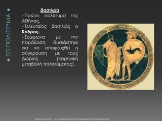 βασιλεία
Πρώτο πολίτευμα της
Αθήνας.
Τελευταίος βασιλιάς ο
Κόδρος.
Σύμφωνα
με
την
παράδοση
θυσιάστηκε
για να αποφευχθεί η
σύγκρουση
με
τους
Δωριείς
(=ειρηνική
μεταβολή πολιτεύματος).

Χιωτέρη Κατερίνα - 1ο Γυμνάσιο Κοζάνης (Βαλταδώρειο) katchiot.blogspot.gr

 