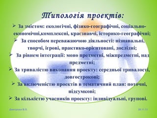 Типологія проектів:
 За змістом: екологічні, фізико-географічні, соціальноекономічні,комплексні, краєзнавчі, історико-географічні;
 За способом переважаючою діяльності: пізнавальні,
творчі, ігрові, практико-орієнтовані, дослідні;
 За рівнем інтеграції: моно предметні, міжпредметні, над
предметні;
 За тривалістю виконання проекту: середньої тривалості,
довгострокові;
 За включеністю проектів в тематичний план: поточні,
підсумкові;
 За кількістю учасників проекту: індивідуальні, групові.
Дмитрієва В.О.

26.11.13

 