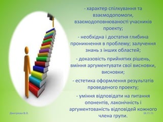 - характер спілкування та

взаємодопомоги,
взаємодоповнюваності учасників
проекту;
- необхідна і достатня глибина
проникнення в проблему; залучення
знань з інших областей;
- доказовість прийнятих рішень,
вміння аргументувати свої висновки,
висновки;
- естетика оформлення результатів
проведеного проекту;

Дмитрієва В.О.

- уміння відповідати на питання
опонентів, лаконічність і
аргументованість відповідей кожного
26.11.13
члена групи.

 
