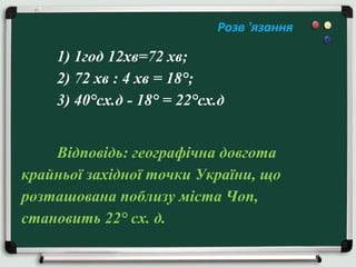 Розв 'язання

1) 1год 12хв=72 хв;
2) 72 хв : 4 хв = 18°;
3) 40°сх.д - 18° = 22°сх.д
Відповідь: географічна довгота
крайньої західної точки України, що
розташована поблизу міста Чоп,
становить 22° сх. д.

 