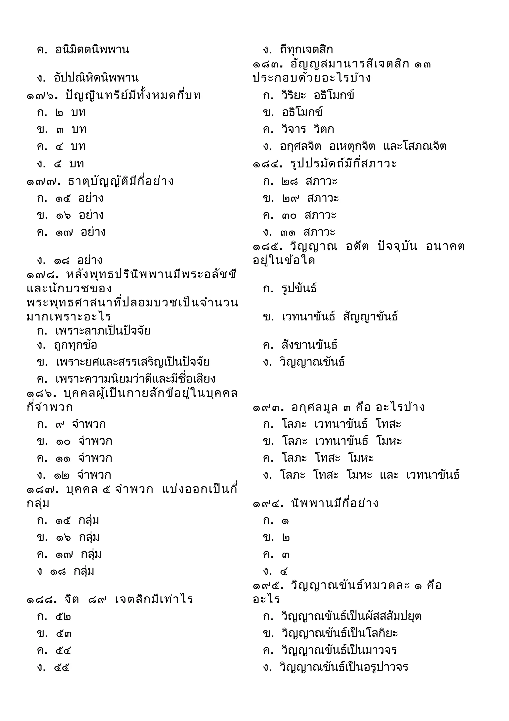 ค. อนิมิตตนิพพาน
ง. อัปปณิหิตนิพพาน
๑๗๖. ปัญ ญิน ทรีย ์ม ท ั้ง หมดกีบ ท
ี
่
ก. ๒ บท
ข. ๓ บท
ค. ๔ บท
ง. ๕ บท
๑๗๗. ธาตุบ ัญ ญัต ิม ีก ี่อ ย่า ง
ก. ๑๕ อย่าง
ข. ๑๖ อย่าง
ค. ๑๗ อย่าง
ง. ๑๘ อย่าง
๑๗๘. หลัง พุท ธปริน ิพ พานมีพ ระอลัช ชี
และนัก บวชของ
พระพุท ธศาสนาที่ป ลอมบวชเป็น จำา นวน
มากเพราะอะไร
ก. เพราะลาภเป็นปัจจัย
ง. ถูกทุกข้อ
ข. เพราะยศและสรรเสริญเป็นปัจจัย
ค. เพราะความนิยมว่าดีและมีชื่อเสียง
๑๘๖. บุค คลผู้เ ป็น กายสัก ขีอ ยู่ใ นบุค คล
กี่จ ำา พวก
ก. ๙ จำาพวก
ข. ๑๐ จำาพวก
ค. ๑๑ จำาพวก
ง. ๑๒ จำาพวก
๑๘๗. บุค คล ๕ จำา พวก แบ่ง ออกเป็น กี่
กลุ่ม
ก. ๑๕ กลุ่ม
ข. ๑๖ กลุ่ม
ค. ๑๗ กลุ่ม
ง ๑๘ กลุ่ม
๑๘๘. จิต ๘๙ เจตสิก มีเ ท่า ไร
ก. ๕๒
ข. ๕๓
ค. ๕๔
ง. ๕๕

ง. ถีทุกเจตสิก
๑๘๓. อัญ ญสมานารสีเ จตสิก ๑๓
ประกอบด้ว ยอะไรบ้า ง
ก. วิริยะ อธิโมกข์
ข. อธิโมกข์
ค. วิจาร วิตก
ง. อกุศลจิต อเหตุกจิต และโสภณจิต
๑๘๔. รูป ปรมัต ถ์ม ีก ี่ส ภาวะ
ก. ๒๘ สภาวะ
ข. ๒๙ สภาวะ
ค. ๓๐ สภาวะ
ง. ๓๑ สภาวะ
๑๘๕. วิญ ญาณ อดีต ปัจ จุบ ัน อนาคต
อยูใ นข้อ ใด
่
ก. รูปขันธ์
ข. เวทนาขันธ์ สัญญาขันธ์
ค. สังขานขันธ์
ง. วิญญาณขันธ์
๑๙๓. อกุศ ลมูล ๓ คือ อะไรบ้า ง
ก. โลภะ เวทนาขันธ์ โทสะ
ข. โลภะ เวทนาขันธ์ โมหะ
ค. โลภะ โทสะ โมหะ
ง. โลภะ โทสะ โมหะ และ เวทนาขันธ์
๑๙๔. นิพ พานมีก ี่อ ย่า ง
ก. ๑
ข. ๒
ค. ๓
ง. ๔
๑๙๕. วิญ ญาณขัน ธ์ห มวดละ ๑ คือ
อะไร
ก. วิญญาณขันธ์เป็นผัสสสัมปยุต
ข. วิญญาณขันธ์เป็นโลกิยะ
ค. วิญญาณขันธ์เป็นมาวจร
ง. วิญญาณขันธ์เป็นอรูปาวจร

 