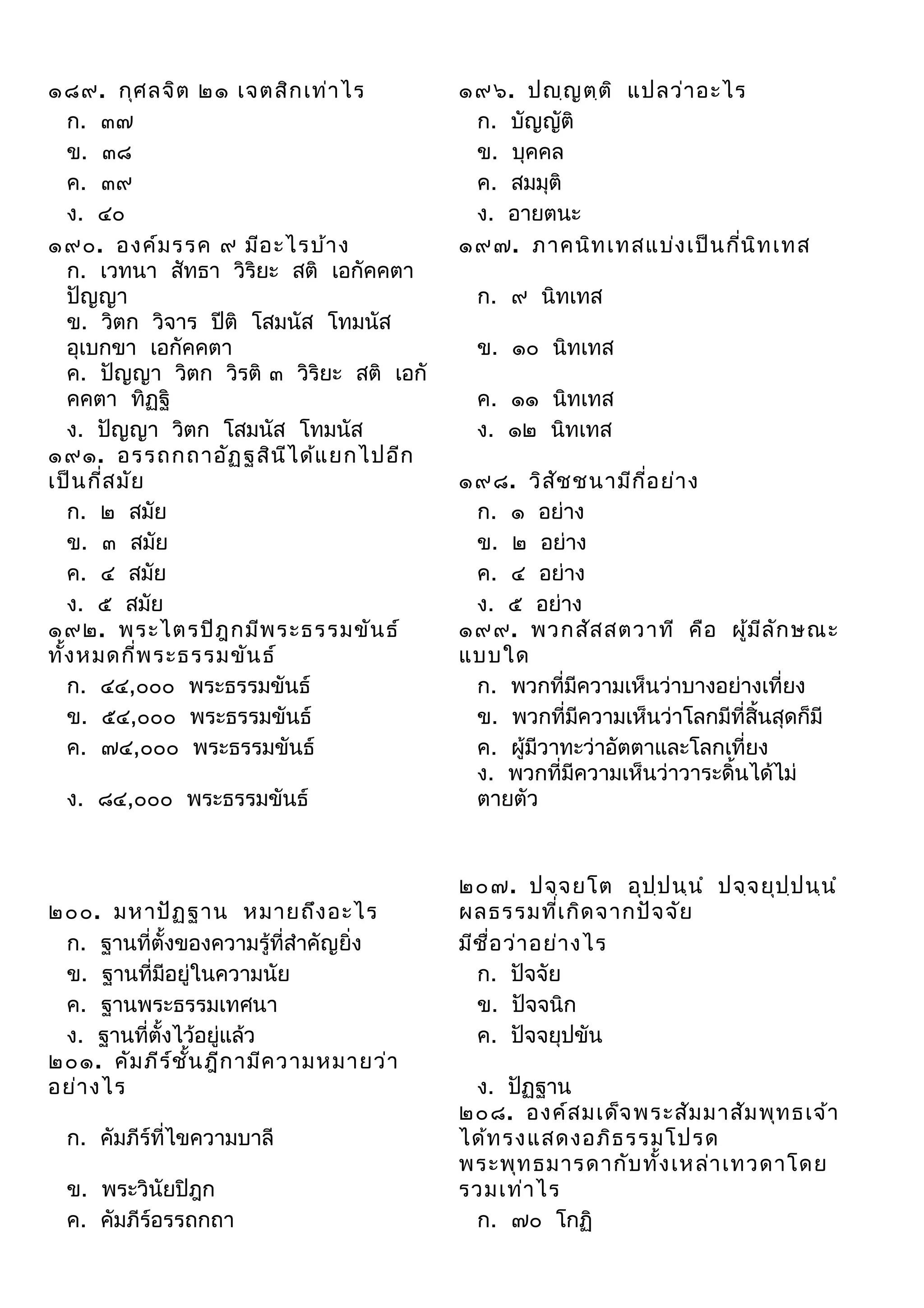 ๑๘๙. กุศ ลจิต ๒๑ เจตสิก เท่า ไร
ก. ๓๗
ข. ๓๘
ค. ๓๙
ง. ๔๐
๑๙๐. องค์ม รรค ๙ มีอ ะไรบ้า ง
ก. เวทนา สัทธา วิริยะ สติ เอกัคคตา
ปัญญา
ข. วิตก วิจาร ปีติ โสมนัส โทมนัส
อุเบกขา เอกัคคตา
ค. ปัญญา วิตก วิรติ ๓ วิริยะ สติ เอกั
คคตา ทิฏฐิ
ง. ปัญญา วิตก โสมนัส โทมนัส
๑๙๑. อรรถกถาอัฏ ฐสิน ีไ ด้แ ยกไปอีก
เป็น กี่ส มัย
ก. ๒ สมัย
ข. ๓ สมัย
ค. ๔ สมัย
ง. ๕ สมัย
๑๙๒. พระไตรปิฎ กมีพ ระธรรมขัน ธ์
ทั้ง หมดกี่พ ระธรรมขัน ธ์
ก. ๔๔,๐๐๐ พระธรรมขันธ์
ข. ๕๔,๐๐๐ พระธรรมขันธ์
ค. ๗๔,๐๐๐ พระธรรมขันธ์
ง. ๘๔,๐๐๐ พระธรรมขันธ์

๒๐๐. มหาปัฏ ฐาน หมายถึง อะไร
ก. ฐานที่ตั้งของความรู้ที่สำาคัญยิ่ง
ข. ฐานที่มีอยู่ในความนัย
ค. ฐานพระธรรมเทศนา
ง. ฐานที่ตั้งไว้อยู่แล้ว
๒๐๑. คัม ภีร ์ช น ฎีก ามีค วามหมายว่า
ั้
อย่า งไร
ก. คัมภีร์ที่ไขความบาลี
ข. พระวินัยปิฎก
ค. คัมภีร์อรรถกถา

๑๙๖. ปญฺญ ตฺต ิ แปลว่า อะไร
ก. บัญญัติ
ข. บุคคล
ค. สมมุติ
ง. อายตนะ
๑๙๗. ภาคนิท เทสแบ่ง เป็น กี่น ิท เทส
ก. ๙ นิทเทส
ข. ๑๐ นิทเทส
ค. ๑๑ นิทเทส
ง. ๑๒ นิทเทส
๑๙๘. วิส ช ชนามีก ี่อ ย่า ง
ั
ก. ๑ อย่าง
ข. ๒ อย่าง
ค. ๔ อย่าง
ง. ๕ อย่าง
๑๙๙. พวกสัส สตวาที คือ ผู้ม ีล ก ษณะ
ั
แบบใด
ก. พวกที่มีความเห็นว่าบางอย่างเที่ยง
ข. พวกที่มีความเห็นว่าโลกมีที่สิ้นสุดก็มี
ค. ผู้มีวาทะว่าอัตตาและโลกเที่ยง
ง. พวกที่มีความเห็นว่าวาระดิ้นได้ไม่
ตายตัว

๒๐๗. ปจฺจ ยโต อุป ฺป นฺน ำ ปจฺจ ยุป ฺป นฺน ำ
ผลธรรมที่เ กิด จากปัจ จัย
มีช ื่อ ว่า อย่า งไร
ก. ปัจจัย
ข. ปัจจนิก
ค. ปัจจยุปขัน
ง. ปัฏฐาน
๒๐๘. องค์ส มเด็จ พระสัม มาสัม พุท ธเจ้า
ได้ท รงแสดงอภิธ รรมโปรด
พระพุท ธมารดากับ ทั้ง เหล่า เทวดาโดย
รวมเท่า ไร
ก. ๗๐ โกฏิ

 
