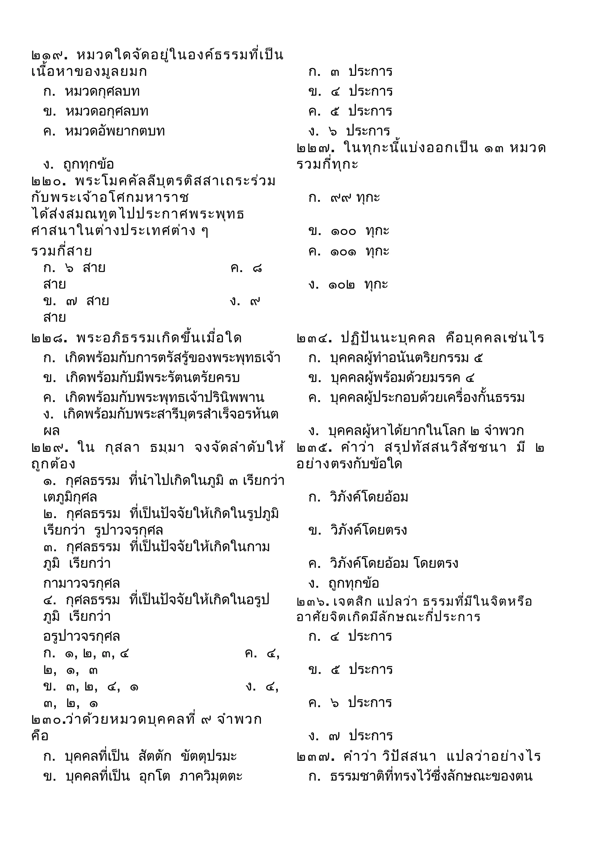 ๒๑๙. หมวดใดจัด อยูใ นองค์ธ รรมที่เ ป็น
่
เนื้อ หาของมูล ยมก
ก. หมวดกุศลบท
ข. หมวดอกุศลบท
ค. หมวดอัพยากตบท
ง. ถูกทุกข้อ
๒๒๐. พระโมคคัล ลีบ ุต รติส สาเถระร่ว ม
กับ พระเจ้า อโศกมหาราช
ได้ส ่ง สมณทูต ไปประกาศพระพุท ธ
ศาสนาในต่า งประเทศต่า ง ๆ
รวมกี่ส าย
ก. ๖ สาย
ค. ๘
สาย
ข. ๗ สาย
ง. ๙
สาย
๒๒๘. พระอภิธ รรมเกิด ขึ้น เมื่อ ใด
ก. เกิดพร้อมกับการตรัสรู้ของพระพุทธเจ้า
ข. เกิดพร้อมกับมีพระรัตนตรัยครบ
ค. เกิดพร้อมกับพระพุทธเจ้าปรินิพพาน
ง. เกิดพร้อมกับพระสารีบุตรสำาเร็จอรหันต
ผล
๒๒๙. ใน กุส ลา ธมฺม า จงจัด ลำา ดับ ให้
ถูก ต้อ ง
๑. กุศลธรรม ที่นำาไปเกิดในภูมิ ๓ เรียกว่า
เตภูมิกุศล
๒. กุศลธรรม ที่เป็นปัจจัยให้เกิดในรูปภูมิ
เรียกว่า รูปาวจรกุศล
๓. กุศลธรรม ที่เป็นปัจจัยให้เกิดในกาม
ภูมิ เรียกว่า
กามาวจรกุศล
๔. กุศลธรรม ที่เป็นปัจจัยให้เกิดในอรูป
ภูมิ เรียกว่า
อรูปาวจรกุศล
ก. ๑, ๒, ๓, ๔
ค. ๔,
๒, ๑, ๓
ข. ๓, ๒, ๔, ๑
ง. ๔,
๓, ๒, ๑
๒๓๐.ว่า ด้ว ยหมวดบุค คลที่ ๙ จำา พวก
คือ
ก. บุคคลที่เป็น สัตตัก ขัตตุปรมะ
ข. บุคคลที่เป็น อุกโต ภาควิมุตตะ

ก. ๓ ประการ
ข. ๔ ประการ
ค. ๕ ประการ
ง. ๖ ประการ
๒๒๗. ในทุก ะนี้แ บ่ง ออกเป็น ๑๓ หมวด
รวมกี่ท ุก ะ
ก. ๙๙ ทุกะ
ข. ๑๐๐ ทุกะ
ค. ๑๐๑ ทุกะ
ง. ๑๐๒ ทุกะ
๒๓๔. ปฏิป ัน นะบุค คล คือ บุค คลเช่น ไร
ก. บุคคลผู้ทำาอนันตริยกรรม ๕
ข. บุคคลผู้พร้อมด้วยมรรค ๔
ค. บุคคลผู้ประกอบด้วยเครื่องกั้นธรรม
ง. บุคคลผู้หาได้ยากในโลก ๒ จำาพวก
๒๓๕. คำา ว่า สรุป ทัส สนวิส ช ชนา มี ๒
ั
อย่า งตรงกับข้อใด
ก. วิภังค์โดยอ้อม
ข. วิภังค์โดยตรง
ค. วิภังค์โดยอ้อม โดยตรง
ง. ถูกทุกข้อ
๒๓๖. เจตสิก แปลว่า ธรรมทีม ีใ นจิต หรือ
่
อาศัย จิต เกิด มีล ัก ษณะกี่ป ระการ

ก. ๔ ประการ
ข. ๕ ประการ
ค. ๖ ประการ
ง. ๗ ประการ
๒๓๗. คำา ว่า วิป ัส สนา แปลว่า อย่า งไร
ก. ธรรมชาติที่ทรงไว้ซึ่งลักษณะของตน

 