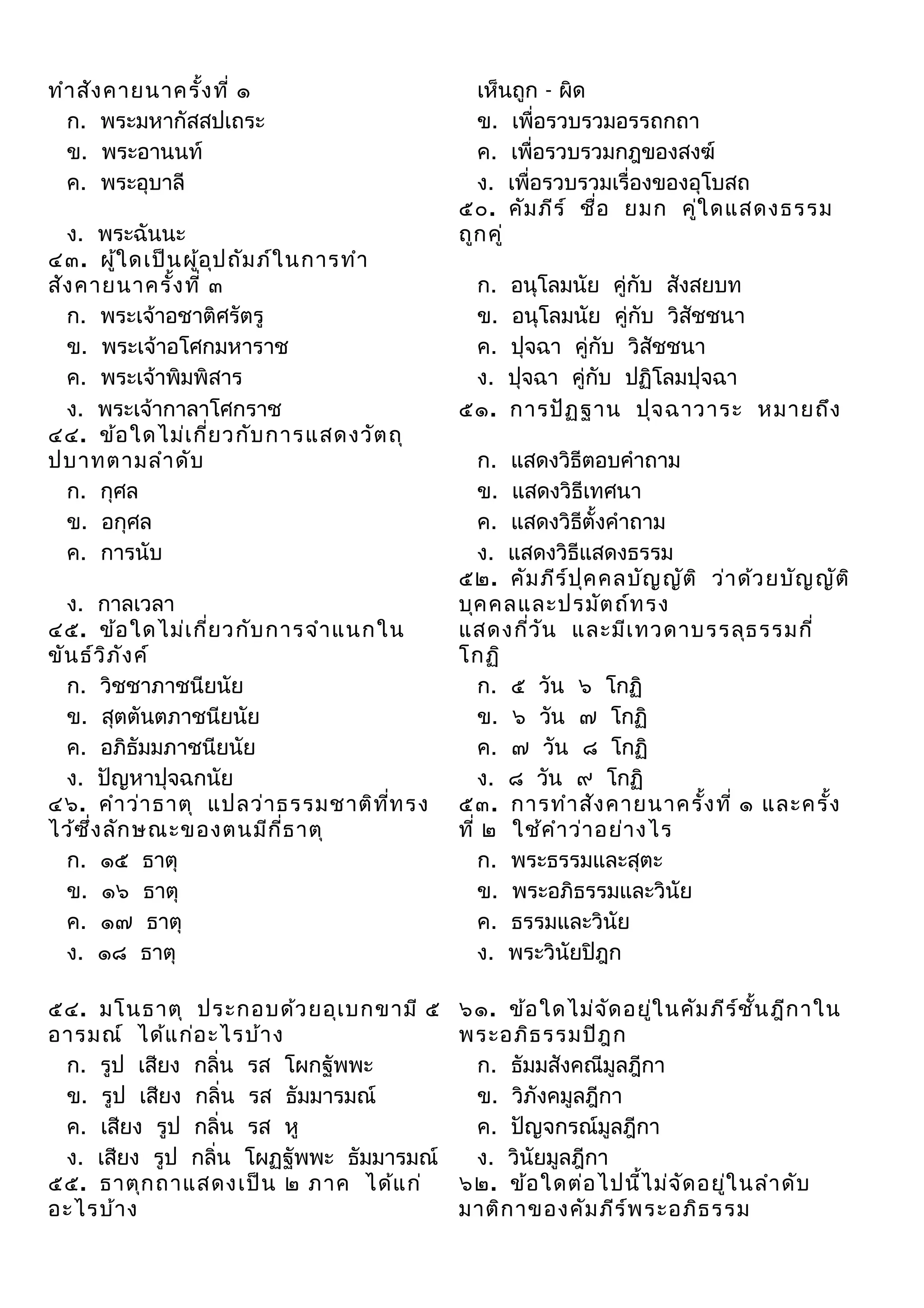 ทำา สัง คายนาครั้ง ที่ ๑
ก. พระมหากัสสปเถระ
ข. พระอานนท์
ค. พระอุบาลี
ง. พระฉันนะ
๔๓. ผู้ใ ดเป็น ผู้อ ป ถัม ภ์ใ นการทำา
ุ
สัง คายนาครั้ง ที่ ๓
ก. พระเจ้าอชาติศรัตรู
ข. พระเจ้าอโศกมหาราช
ค. พระเจ้าพิมพิสาร
ง. พระเจ้ากาลาโศกราช
๔๔. ข้อ ใดไม่เ กี่ย วกับ การแสดงวัต ถุ
ปบาทตามลำา ดับ
ก. กุศล
ข. อกุศล
ค. การนับ

เห็นถูก - ผิด
ข. เพื่อรวบรวมอรรถกถา
ค. เพื่อรวบรวมกฎของสงฆ์
ง. เพื่อรวบรวมเรื่องของอุโบสถ
๕๐. คัม ภีร ์ ชื่อ ยมก คูใ ดแสดงธรรม
่
ถูก คู่
ก.
ข.
ค.
ง.
๕๑.

อนุโลมนัย คู่กับ สังสยบท
อนุโลมนัย คู่กับ วิสัชชนา
ปุจฉา คู่กับ วิสัชชนา
ปุจฉา คู่กับ ปฏิโลมปุจฉา
การปัฏ ฐาน ปุจ ฉาวาระ หมายถึง

ง. กาลเวลา
๔๕. ข้อ ใดไม่เ กี่ย วกับ การจำา แนกใน
ขัน ธ์ว ภ ัง ค์
ิ
ก. วิชชาภาชนียนัย
ข. สุตตันตภาชนียนัย
ค. อภิธัมมภาชนียนัย
ง. ปัญหาปุจฉกนัย
๔๖. คำา ว่า ธาตุ แปลว่า ธรรมชาติท ท รง
ี่
ไว้ซ ึ่ง ลัก ษณะของตนมีก ี่ธ าตุ
ก. ๑๕ ธาตุ
ข. ๑๖ ธาตุ
ค. ๑๗ ธาตุ
ง. ๑๘ ธาตุ

ก. แสดงวิธีตอบคำาถาม
ข. แสดงวิธีเทศนา
ค. แสดงวิธตั้งคำาถาม
ี
ง. แสดงวิธีแสดงธรรม
๕๒. คัม ภีร ์ป ุค คลบัญ ญัต ิ ว่า ด้ว ยบัญ ญัต ิ
บุค คลและปรมัต ถ์ท รง
แสดงกีว ัน และมีเ ทวดาบรรลุธ รรมกี่
่
โกฏิ
ก. ๕ วัน ๖ โกฏิ
ข. ๖ วัน ๗ โกฏิ
ค. ๗ วัน ๘ โกฏิ
ง. ๘ วัน ๙ โกฏิ
๕๓. การทำา สัง คายนาครัง ที่ ๑ และครัง
้
้
ที่ ๒ ใช้ค ำา ว่า อย่า งไร
ก. พระธรรมและสุตะ
ข. พระอภิธรรมและวินัย
ค. ธรรมและวินัย
ง. พระวินัยปิฎก

๕๔. มโนธาตุ ประกอบด้ว ยอุเ บกขามี ๕
อารมณ์ ได้แ ก่อ ะไรบ้า ง
ก. รูป เสียง กลิ่น รส โผกฐัพพะ
ข. รูป เสียง กลิ่น รส ธัมมารมณ์
ค. เสียง รูป กลิ่น รส หู
ง. เสียง รูป กลิ่น โผฏฐัพพะ ธัมมารมณ์
๕๕. ธาตุก ถาแสดงเป็น ๒ ภาค ได้แ ก่
อะไรบ้า ง

๖๑. ข้อ ใดไม่จ ด อยู่ใ นคัม ภีร ช ั้น ฎีก าใน
ั
์
พระอภิธ รรมปิฎ ก
ก. ธัมมสังคณีมูลฎีกา
ข. วิภังคมูลฎีกา
ค. ปัญจกรณ์มูลฎีกา
ง. วินัยมูลฎีกา
๖๒. ข้อ ใดต่อ ไปนี้ไ ม่จ ด อยู่ใ นลำา ดับ
ั
มาติก าของคัม ภีร ์พ ระอภิธ รรม

 