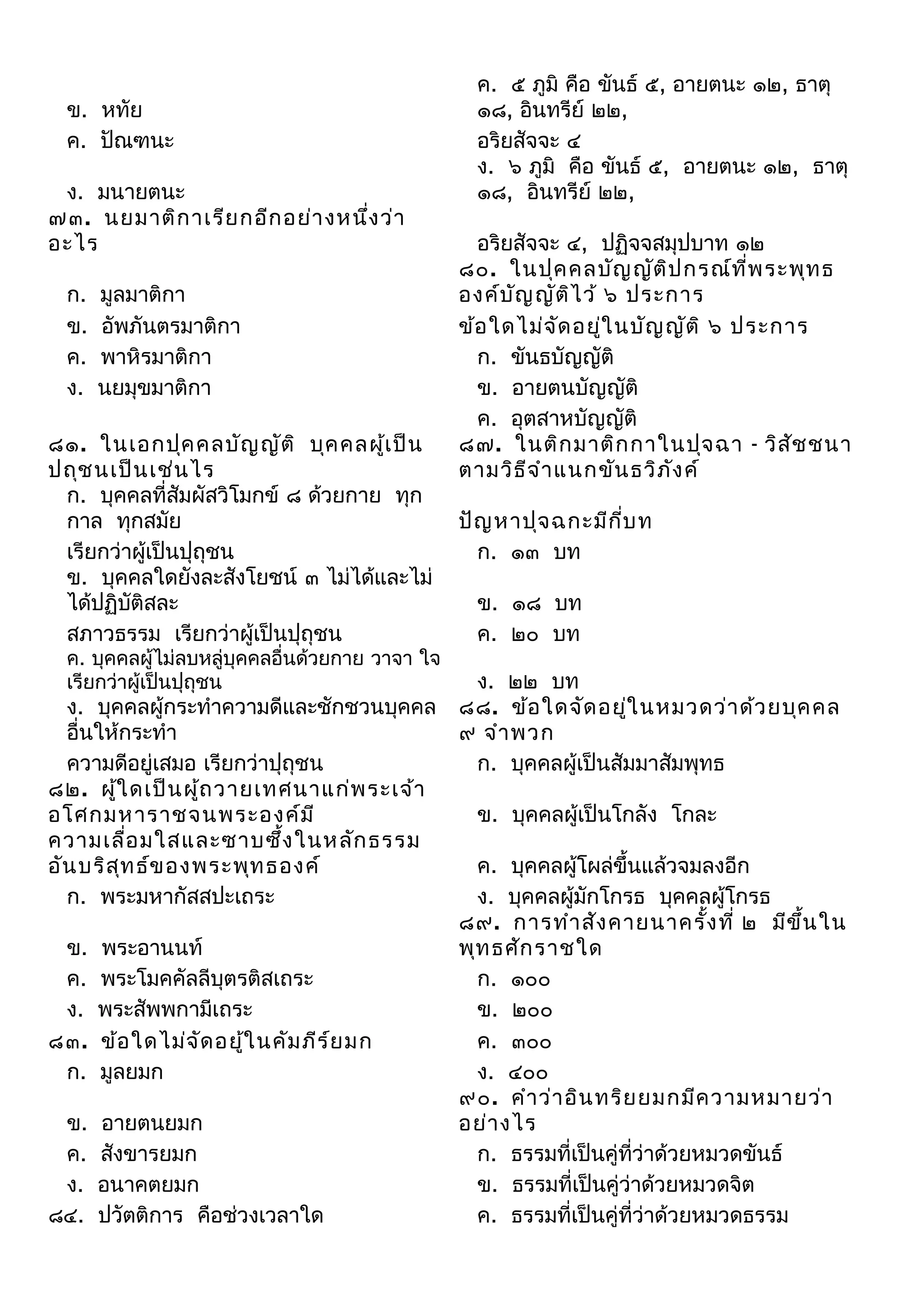 ข. หทัย
ค. ปัณฑนะ
ง. มนายตนะ
๗๓. นยมาติก าเรีย กอีก อย่า งหนึง ว่า
่
อะไร
ก.
ข.
ค.
ง.

มูลมาติกา
อัพภันตรมาติกา
พาหิรมาติกา
นยมุขมาติกา

๘๑. ในเอกปุค คลบัญ ญัต ิ บุค คลผู้เ ป็น
ปถุช นเป็น เช่น ไร
ก. บุคคลที่สัมผัสวิโมกข์ ๘ ด้วยกาย ทุก
กาล ทุกสมัย
เรียกว่าผู้เป็นปุถุชน
ข. บุคคลใดยังละสังโยชน์ ๓ ไม่ได้และไม่
ได้ปฏิบติสละ
ั
สภาวธรรม เรียกว่าผู้เป็นปุถุชน

ค. บุคคลผู้ไม่ลบหลู่บุคคลอื่นด้วยกาย วาจา ใจ
เรียกว่าผู้เป็นปุถุชน

ง. บุคคลผู้กระทำาความดีและชักชวนบุคคล
อื่นให้กระทำา
ความดีอยู่เสมอ เรียกว่าปุถุชน
๘๒. ผูใ ดเป็น ผู้ถ วายเทศนาแก่พ ระเจ้า
้
อโศกมหาราชจนพระองค์ม ี
ความเลื่อ มใสและซาบซึ้ง ในหลัก ธรรม
อัน บริส ท ธ์ข องพระพุท ธองค์
ุ
ก. พระมหากัสสปะเถระ
ข.
ค.
ง.
๘๓.
ก.

พระอานนท์
พระโมคคัลลีบุตรติสเถระ
พระสัพพกามีเถระ
ข้อ ใดไม่จ ัด อยู้ใ นคัม ภีร ์ย มก
มูลยมก

ข.
ค.
ง.
๘๔.

อายตนยมก
สังขารยมก
อนาคตยมก
ปวัตติการ คือช่วงเวลาใด

ค. ๕ ภูมิ คือ ขันธ์ ๕, อายตนะ ๑๒, ธาตุ
๑๘, อินทรีย์ ๒๒,
อริยสัจจะ ๔
ง. ๖ ภูมิ คือ ขันธ์ ๕, อายตนะ ๑๒, ธาตุ
๑๘, อินทรีย์ ๒๒,
อริยสัจจะ ๔, ปฏิจจสมุปบาท ๑๒
๘๐. ในปุค คลบัญ ญัต ิป กรณ์ท ี่พ ระพุท ธ
องค์บ ญ ญัต ไ ว้ ๖ ประการ
ั
ิ
ข้อ ใดไม่จ ด อยู่ใ นบัญ ญัต ิ ๖ ประการ
ั
ก. ขันธบัญญัติ
ข. อายตนบัญญัติ
ค. อุตสาหบัญญัติ
๘๗. ในติก มาติก กาในปุจ ฉา - วิส ัช ชนา
ตามวิธ ีจ ำา แนกขัน ธวิภ ง ค์
ั
ปัญ หาปุจ ฉกะมีก บ ท
ี่
ก. ๑๓ บท
ข. ๑๘ บท
ค. ๒๐ บท
ง. ๒๒ บท
๘๘. ข้อ ใดจัด อยูใ นหมวดว่า ด้ว ยบุค คล
่
๙ จำา พวก
ก. บุคคลผู้เป็นสัมมาสัมพุทธ
ข. บุคคลผู้เป็นโกลัง โกละ
ค. บุคคลผู้โผล่ขึ้นแล้วจมลงอีก
ง. บุคคลผู้มักโกรธ บุคคลผู้โกรธ
๘๙. การทำา สัง คายนาครัง ที่ ๒ มีข ึ้น ใน
้
พุท ธศัก ราชใด
ก. ๑๐๐
ข. ๒๐๐
ค. ๓๐๐
ง. ๔๐๐
๙๐. คำา ว่า อิน ทริย ยมกมีค วามหมายว่า
อย่า งไร
ก. ธรรมที่เป็นคู่ที่ว่าด้วยหมวดขันธ์
ข. ธรรมที่เป็นคู่ว่าด้วยหมวดจิต
ค. ธรรมที่เป็นคู่ที่ว่าด้วยหมวดธรรม

 