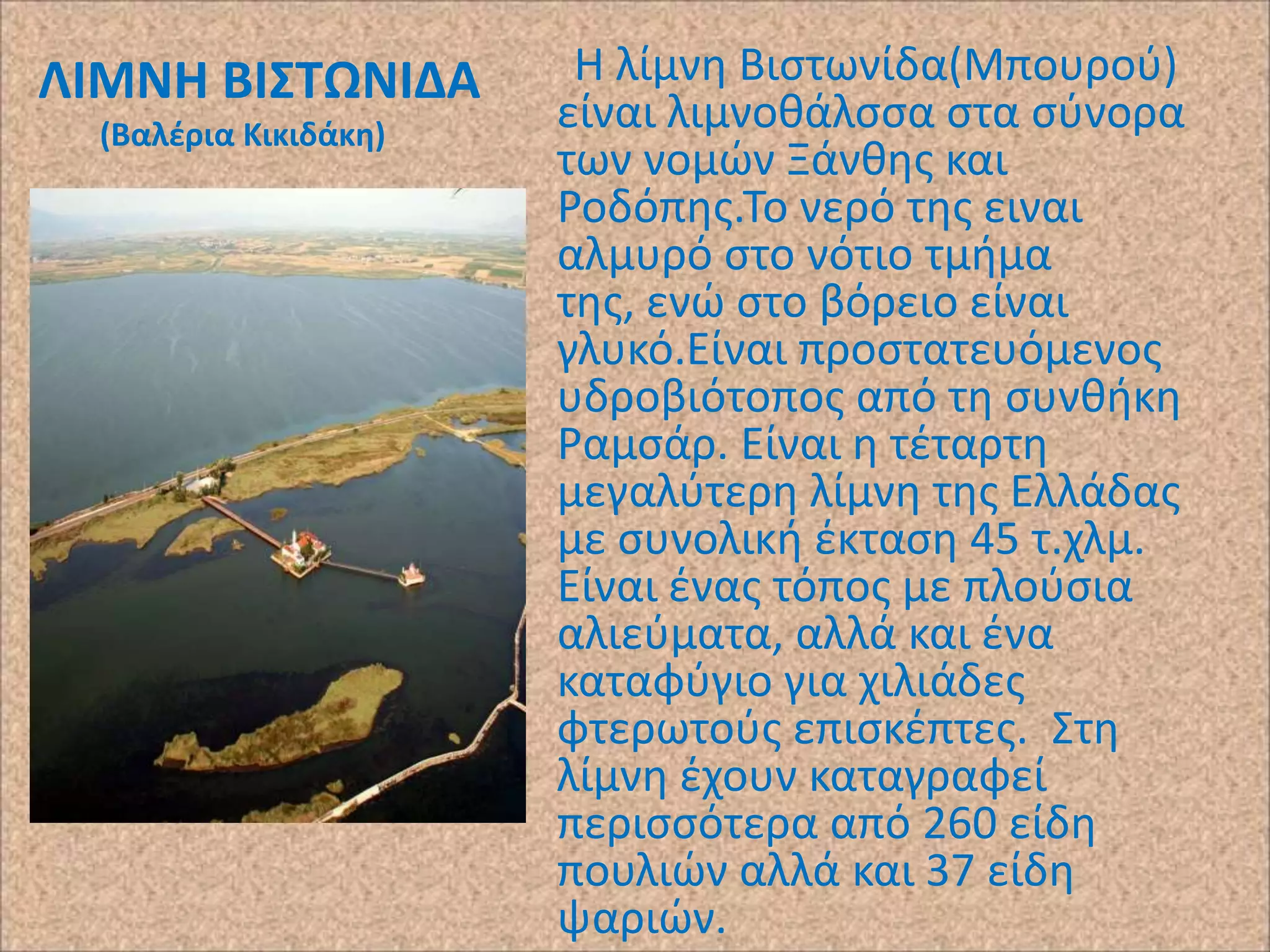 ΛΙΜΝΗ ΒΙ΢ΣΩΝΙΔΑ
(Βαλζρια Κικιδάκθ)

Η λίμνθ Βιςτωνίδα(Μπουροφ)
είναι λιμνοκάλςςα ςτα ςφνορα
των νομϊν Ξάνκθσ και
΢οδόπθσ.Το νερό τθσ ειναι
αλμυρό ςτο νότιο τμιμα
τθσ, ενϊ ςτο βόρειο είναι
γλυκό.Είναι προςτατευόμενοσ
υδροβιότοποσ από τθ ςυνκικθ
΢αμςάρ. Είναι θ τζταρτθ
μεγαλφτερθ λίμνθ τθσ Ελλάδασ
με ςυνολικι ζκταςθ 45 τ.χλμ.
Είναι ζνασ τόποσ με πλοφςια
αλιεφματα, αλλά και ζνα
καταφφγιο για χιλιάδεσ
φτερωτοφσ επιςκζπτεσ. Στθ
λίμνθ ζχουν καταγραφεί
περιςςότερα από 260 είδθ
πουλιϊν αλλά και 37 είδθ
ψαριϊν.

 