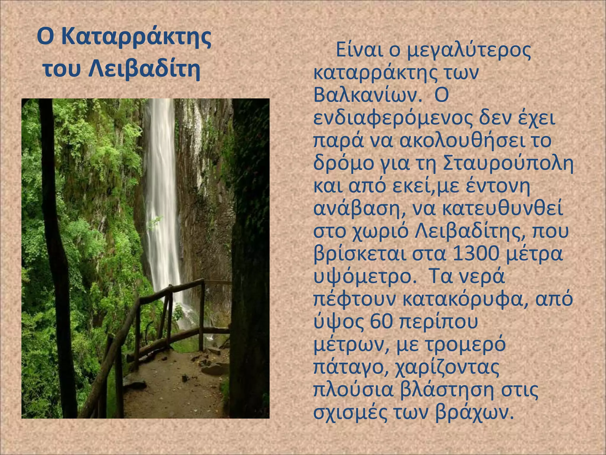 Ο Καταρράκτθσ
του Λειβαδίτθ

Είναι ο μεγαλφτεροσ
καταρράκτθσ των
Βαλκανίων. Ο
ενδιαφερόμενοσ δεν ζχει
παρά να ακολουκιςει το
δρόμο για τθ Σταυροφπολθ
και από εκεί,με ζντονθ
ανάβαςθ, να κατευκυνκεί
ςτο χωριό Λειβαδίτθσ, που
βρίςκεται ςτα 1300 μζτρα
υψόμετρο. Τα νερά
πζφτουν κατακόρυφα, από
φψοσ 60 περίπου
μζτρων, με τρομερό
πάταγο, χαρίηοντασ
πλοφςια βλάςτθςθ ςτισ
ςχιςμζσ των βράχων.

 