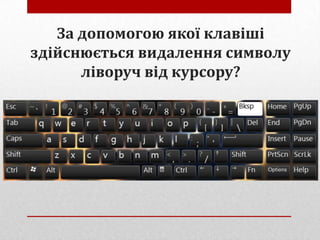 За допомогою якої клавіші
здійснюється видалення символу
ліворуч від курсору?

 