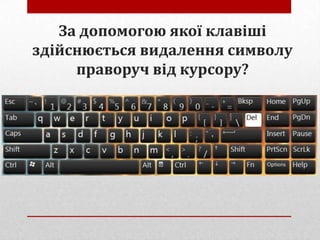За допомогою якої клавіші
здійснюється видалення символу
праворуч від курсору?

 