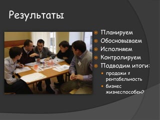 Результаты 
 Планируем 
 Обосновываем 
 Исполняем 
 Контролируем 
 Подводим итоги: 
 продажи ≠ рентабельность 
 бизнес жизнеспособен? 
 