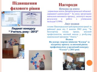 управління освіти Дніпропетровської обласної
державної адміністрації “ За умілу організацію
навчально-виховного процесу, досягнуті високі
результати
в
роботі
з
учнівською
молоддю”(1999)
голови Павлоградської райдержадміністрації та
районної ради від 2 жовтня 2002 року “За
багаторічну
плідну
працю,
високий
професіоналізм, вагомий внесок у розбудову
національної програми “ Освіта ”
Подяка
Від центру творчих ініціатив “Клєвєр” за
підтримку проекту та високий рівень
професіоналізму в організації конкурсу
“Галлус” у 2011 році.

 