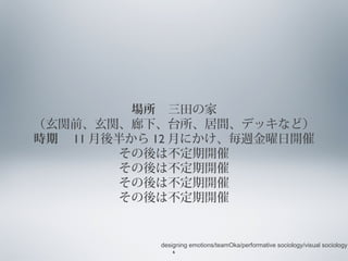 場所　三田の家
（玄関前、玄関、廊下、台所、居間、デッキなど）
時期　 11 月後半から 12 月にかけ、毎週金曜日開催
その後は不定期開催
その後は不定期開催
その後は不定期開催
その後は不定期開催

designing emotions/teamOka/performative sociology/visual sociology
6

 