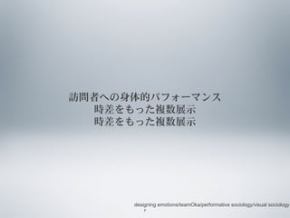 訪問者への身体的パフォーマンス
時差をもった複数展示
時差をもった複数展示

designing emotions/teamOka/performative sociology/visual sociology
7

 