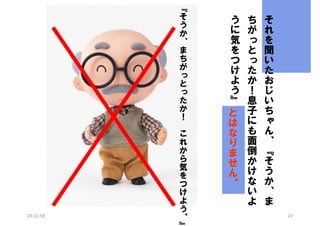 『
そ
う
か
、
ま
ち
が
っ
と
っ
た
か
！

20:31:58

こ
れ
か
ら
気
を
つ
け
よ
う
。

う
に
気
を
つ
け
よ
う
』
。
と
は
な
り
ま
せ
ん
。

ち
が
っ
と
っ
た
か
！
息
子
に
も
面
倒
か
け
な
い
よ

そ
れ
を
聞
い
た
お
じ
い
ち
ゃ
ん
、
『
そ
う
か
、
ま
25

 