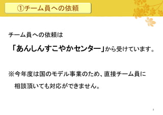 ①チーム員への依頼

チーム員への依頼は

「あんしんすこやかセンター」から受けています。
※今年度は国のモデル事業のため、直接チーム員に

相談頂いても対応ができません。

7

 