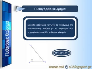 Πςθαγόπειο θεώπημα

Σε κάθε οπθογώνιο ηπίγωνο, ηο ηεηπάγωνο ηηρ
ςποηείνοςζαρ ιζούηαι με ηο άθποιζμα ηων
ηεηπαγώνων ηων δύο καθέηων πλεςπών

ΒΓ2 = ΑΒ2 + ΑΓ2

 