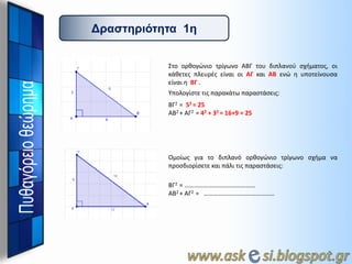 Γπαζηηπιόηηηα 1η
Στο ορκογώνιο τρίγωνο ΑΒΓ του διπλανοφ ςχιματοσ, οι
κάκετεσ πλευρζσ είναι οι ΑΓ και ΑΒ ενώ θ υποτείνουςα
είναι θ ΒΓ .
Υπολογίςτε τισ παρακάτω παραςτάςεισ:
ΒΓ2 = 52 = 25
ΑΒ2 + ΑΓ2 = 42 + 32 = 16+9 = 25

Ομοίωσ για το διπλανό ορκογώνιο τρίγωνο ςχιμα να
προςδιορίςετε και πάλι τισ παραςτάςεισ:
ΒΓ2 = ………………………………………
ΑΒ2 + ΑΓ2 = ………………………………………

 