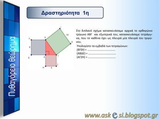 Γπαζηηπιόηηηα 1η

Στο διπλανό ςχιμα καταςκευάςαμε αρχικά το ορκογώνιο
τρίγωνο ΑΒΓ και εξωτερικά του, καταςκευάςαμε τετράγωνα, που το κακζνα ζχει ωσ πλευρά μία πλευρά του τριγώνου.
Υπολογίςτε τα εμβαδά των τετραγώνων:
(ΒΓΘΙ) = …………………………………
(ΑΒΔΕ) = …………………………………
(ΑΓΖΗ) = …………………………………

 