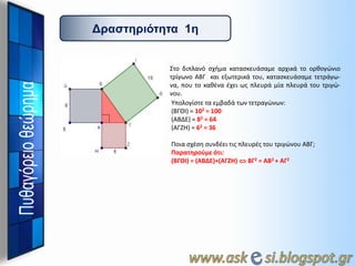 Γπαζηηπιόηηηα 1η

Στο διπλανό ςχιμα καταςκευάςαμε αρχικά το ορκογώνιο
τρίγωνο ΑΒΓ και εξωτερικά του, καταςκευάςαμε τετράγωνα, που το κακζνα ζχει ωσ πλευρά μία πλευρά του τριγώνου.
Υπολογίςτε τα εμβαδά των τετραγώνων:
(ΒΓΘΙ) = 102 = 100
(ΑΒΔΕ) = 82 = 64
(ΑΓΖΗ) = 62 = 36
Ποια ςχζςθ ςυνδζει τισ πλευρζσ του τριγώνου ΑΒΓ;
Παρατηρούμε ότι:
(ΒΓΘΙ) = (ΑΒΔΕ)+(ΑΓΖΗ)  ΒΓ2 = ΑΒ2 + ΑΓ2

 