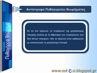 Ανηίζηποθο Πςθαγοπείος θεωπήμαηορ

Αν ζε ένα ηπίγωνο, ηο ηεηπάγωνο ηηρ μεγαλύηεπηρ
πλεςπάρ ιζούηαι με ηο άθποιζμα ηων ηεηπαγώνων ηων
δύο άλλων πλεςπών, ηόηε ηο ηπίγωνο είναι οπθογώνιο

με ςποηείνοςζα ηη μεγαλύηεπη πλεςπά

 