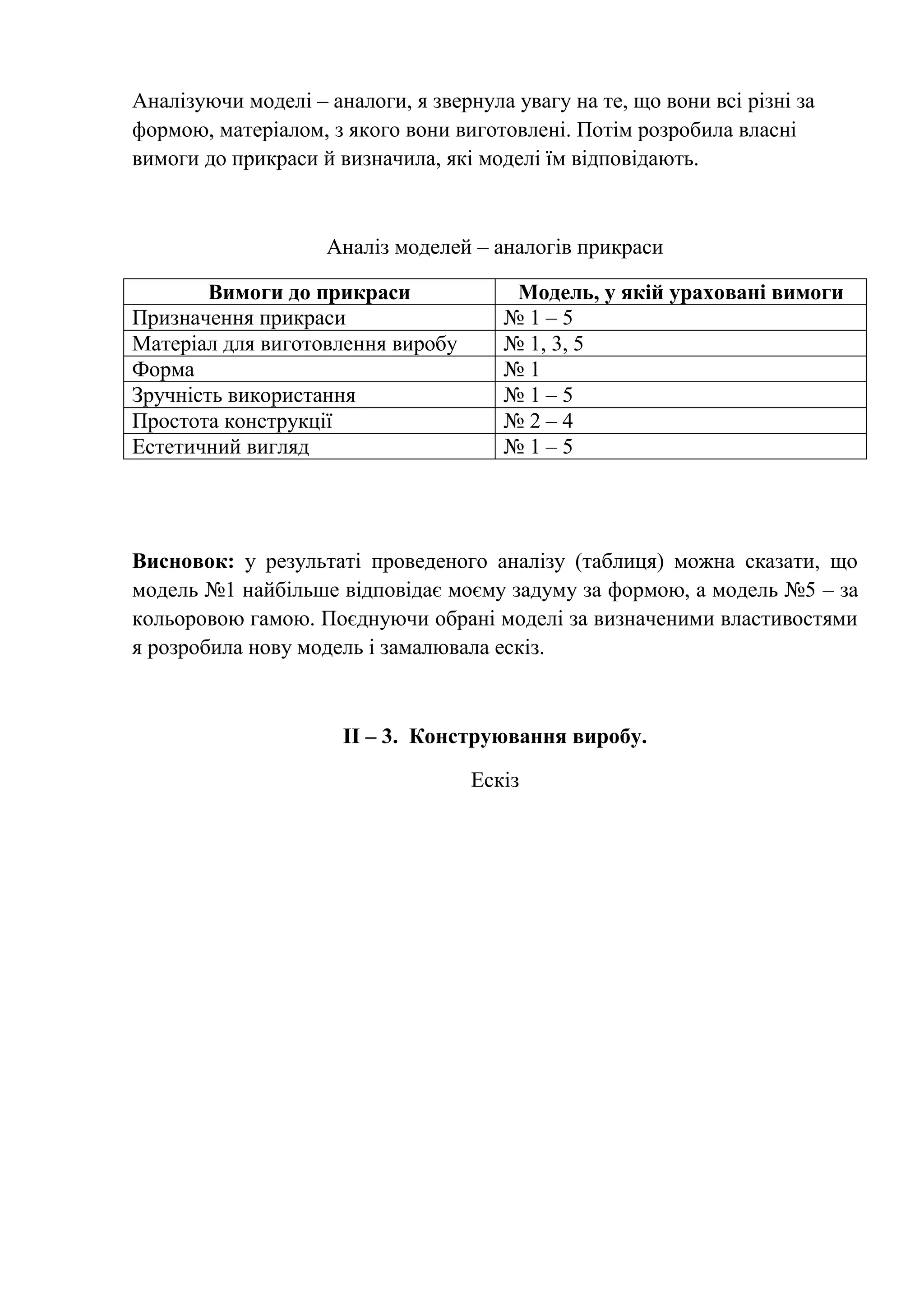 Аналізуючи моделі – аналоги, я звернула увагу на те, що вони всі різні за
формою, матеріалом, з якого вони виготовлені. Потім розробила власні
вимоги до прикраси й визначила, які моделі їм відповідають.

Аналіз моделей – аналогів прикраси
Вимоги до прикраси
Призначення прикраси
Матеріал для виготовлення виробу
Форма
Зручність використання
Простота конструкції
Естетичний вигляд

Модель, у якій ураховані вимоги
№1–5
№ 1, 3, 5
№1
№1–5
№2–4
№1–5

Висновок: у результаті проведеного аналізу (таблиця) можна сказати, що
модель №1 найбільше відповідає моєму задуму за формою, а модель №5 – за
кольоровою гамою. Поєднуючи обрані моделі за визначеними властивостями
я розробила нову модель і замалювала ескіз.

ІІ – 3. Конструювання виробу.
Ескіз

 