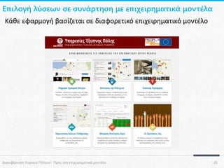 Επιλογή λύσεων σε συνάρτηση με επιχειρηματικά μοντέλα
Κάθε εφαρμογή βασίζεται σε διαφορετικό επιχειρηματικό μοντέλο

Διακυβέρνηση Ευφυών Πόλεων: Προς νέα επιχειρηματικά μοντέλα

20

 