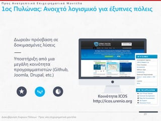 Προς Ανατρεπτικά Επιχειρηματικά Μοντέλα

1ος Πυλώνας: Ανοιχτό λογισμικό για έξυπνες πόλεις

Δωρεάν πρόσβαση σε
δοκιμασμένες λύσεις
Υποστήριξη από μια
μεγάλη κοινότητα
προγραμματιστών (Github,
Joomla, Drupal, etc.)

Κοινότητα ICOS
http://icos.urenio.org

Διακυβέρνηση Ευφυών Πόλεων: Προς νέα επιχειρηματικά μοντέλα

23

 