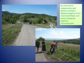 На этом месте
соединились две
группы, которые
убирали дорогу от о/л
«Сосновый бор» и от
конца города до
родника
«Елисеевский»

 