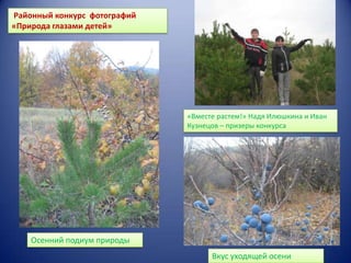 Районный конкурс фотографий
«Природа глазами детей»

«Вместе растем!» Надя Илюшкина и Иван
Кузнецов – призеры конкурса

Осенний подиум природы
Вкус уходящей осени

 